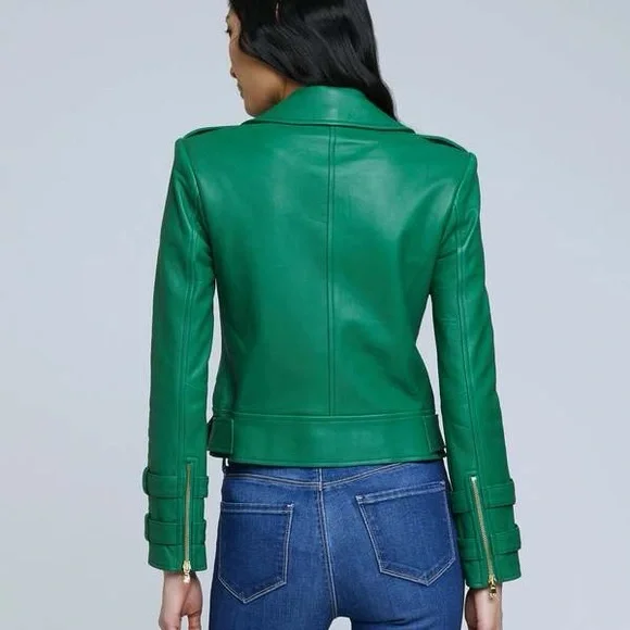 L'AGENCE Green Leather Double-Breasted Billie Moto Jacket - XS - NWT - Picture 2 of 3